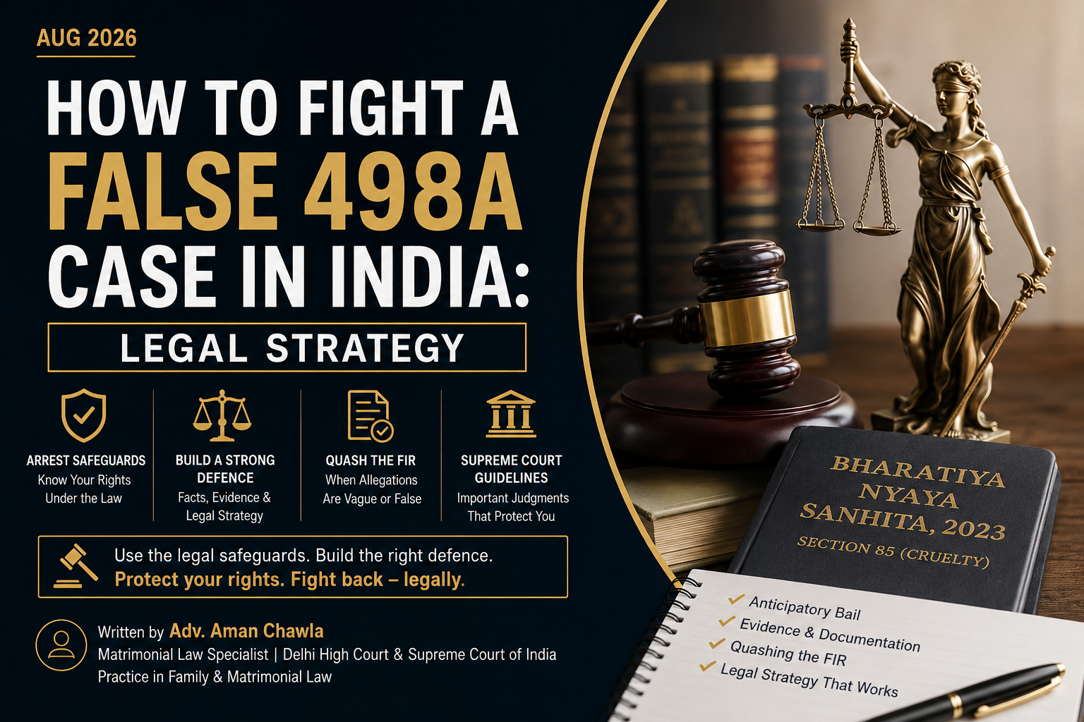 How to Fight a False 498A Case in India: Legal Strategy – legal infographic on arrest safeguards, defence strategy, FIR quashing and Supreme Court guidelines.