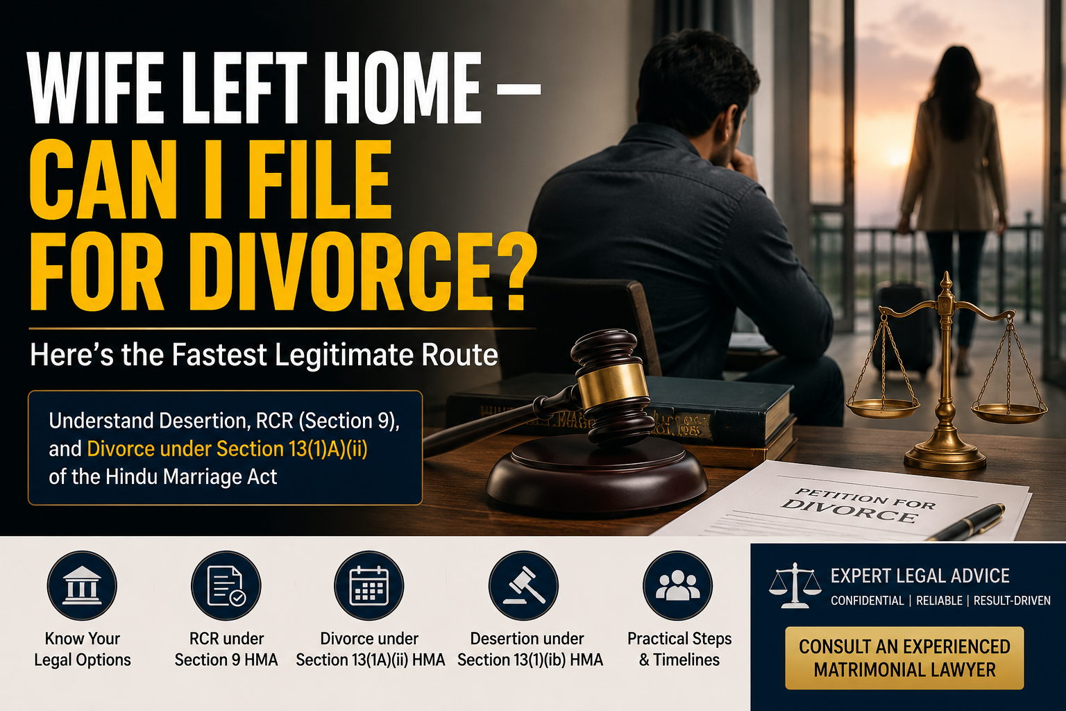 Wife left matrimonial home and husband seeking divorce through RCR or desertion